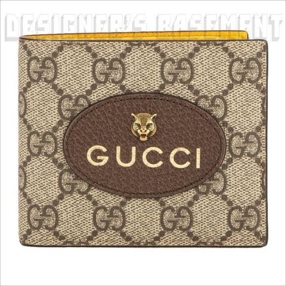 GUCCI Cat FELINE HEAD brown GG Supreme Canvas w/yellow leather bifold Wallet NIB - Picture 4 of 4